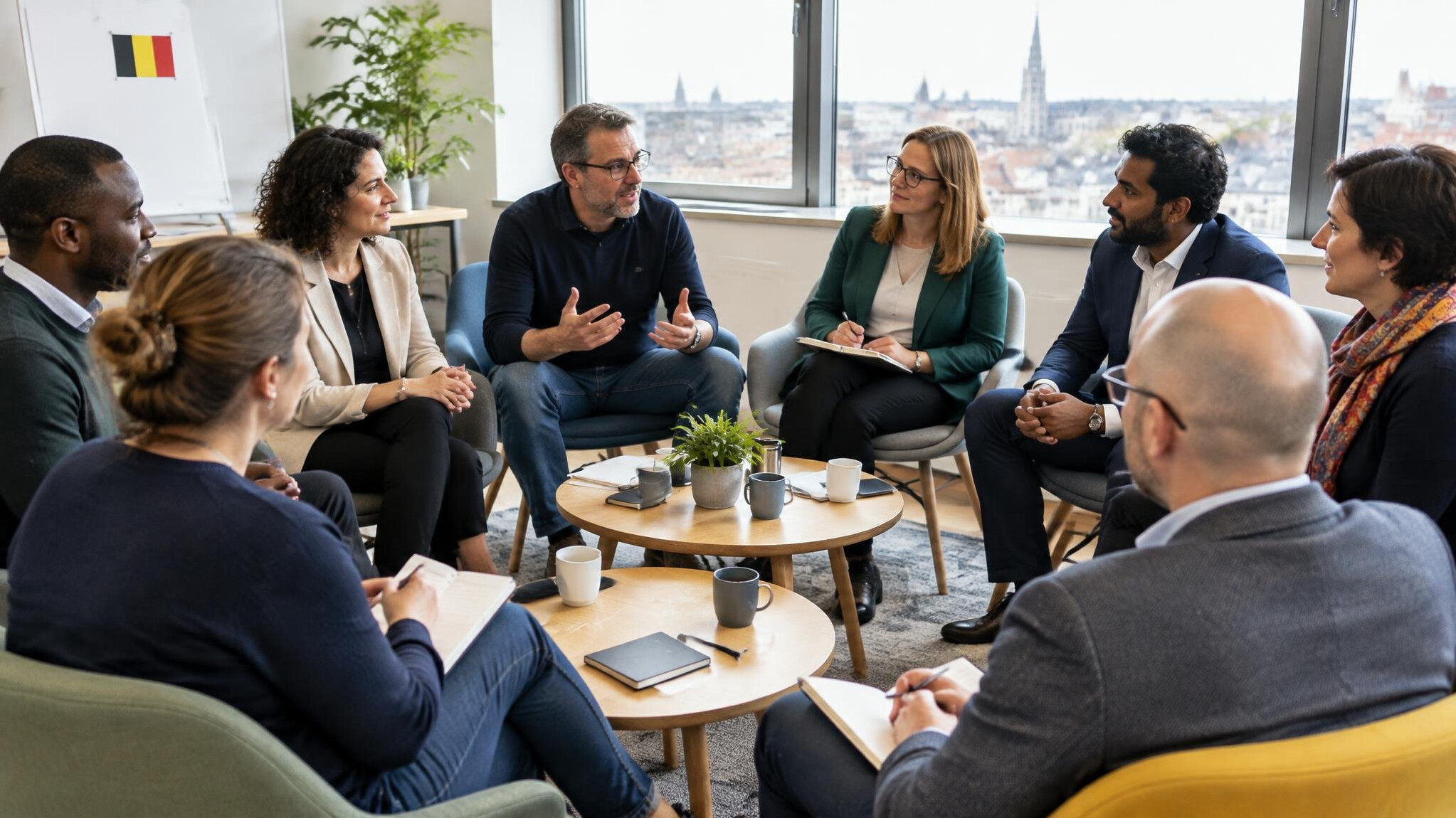 Diverse group of professionals sitting in a circle having a facilitated discussion